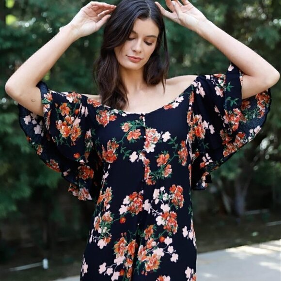 Off shoulder Floral Print Jumpsuit black - Picture 3 of 5